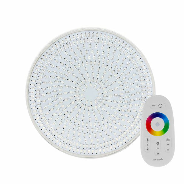 Foco Led para Piscinas con un nuevo diseño SLIM extraplano diseñada para sustituir los focos halógenos de las piscinas. Incluye controlador y mando a distancia para apagar/encender o regular la intensidad de luz, efectos, etc. Alta tecnología led que ofrecen una excelente iluminación y un ahorro del 90% de consumo eléctrico.  Cuerpo fabricado en PC-anti-UV de alta resistencia. Ofrece máxima potencia de iluminación. 