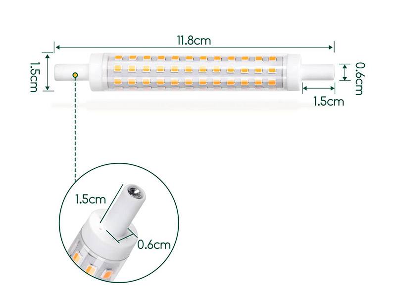 Bombilla LED con conectores R7S con encapsulado de cristal usada para sustituir a las halógenos lineales, disponen de un amplio ángulo de proyección y gran potencia lumínica con un mínimo consumo y mínima emisión de calor.