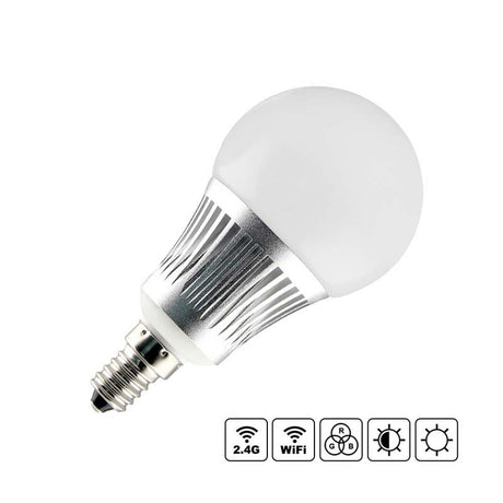 La <b>bombilla LED WiFi E14</b> ofrece color RGB + CCT (blanco dual) en una única bombilla. Puede ser controlada por un mando a distancia RF o con el adaptador WiFi mediante App gratuita para smartphone o tablet Apple y/o Android. Ofrece máximo control y amplias posibilidades de decoración con luz. 