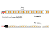 Tira LED de 20 metros de longitud con alimentación DC24V con el nuevo Chip de alta potencia lumínica SMD2835 de Samsung. Para instalaciones profesionales donde se requiera largas tiradas sin caídas de tensión y altas prestaciones. Puedes cortar la tira cada 10mm (1 led) para ajustar a cualquier longitud.