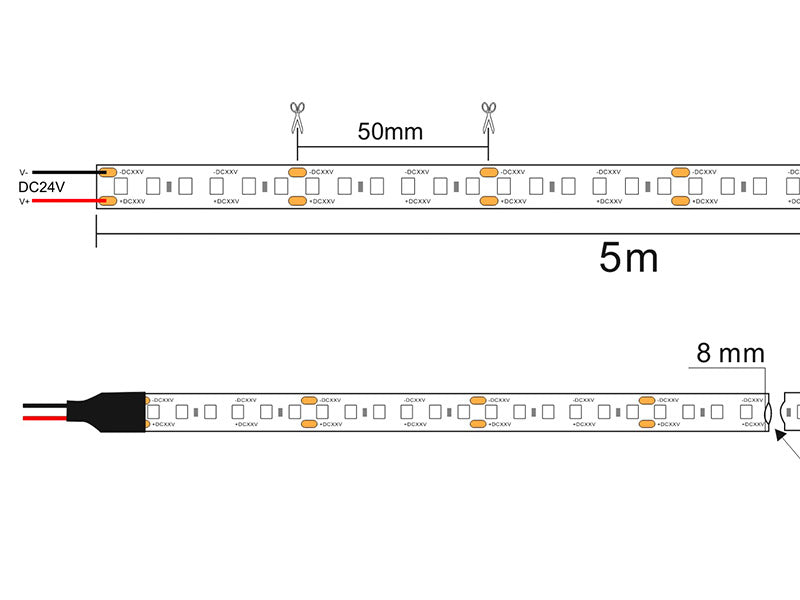 Tira LED de alta potencia lumínica SMD2835. Incorpora cinta adhesiva 3M-300LSE de máxima calidad para colocar la tira en cualquier superficie. Tira de 5 metros.