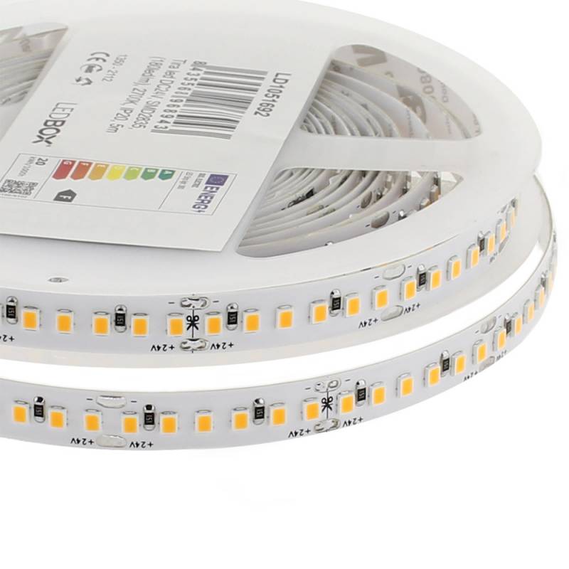 Tira LED de alta potencia lumínica SMD2835. Incorpora cinta adhesiva 3M-300LSE de máxima calidad para colocar la tira en cualquier superficie. Tira de 5 metros.