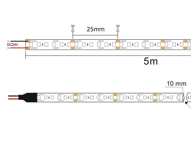 Tira LED de alta potencia lumínica SMD2835. Incorpora cinta adhesiva 3M-300LSE de máxima calidad para colocar la tira en cualquier superficie. Tira de 5 metros.