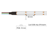 Tira LED con el nuevo Chip COB RGB que ofrece iluminación lineal continua sin puntos. Incorpora cinta adhesiva 3M-térmica de máxima calidad para colocar la tira en cualquier superficie. Tira de 5 metros con 576 led por metro de alto brillo y un elevado CRI 90 que proporciona una luz espectacular.