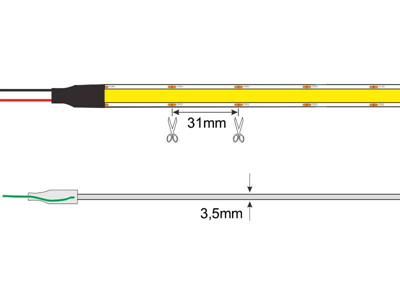 Tira LED con el nuevo Chip NEW COB que ofrece iluminación lineal continua sin puntos. Incorpora cinta adhesiva 3M-300LSE de máxima calidad para colocar la tira en cualquier superficie. Tira de 5 metros con 256 led por metro de alto brillo y un elevado CRI >92 que proporciona una luz espectacular.