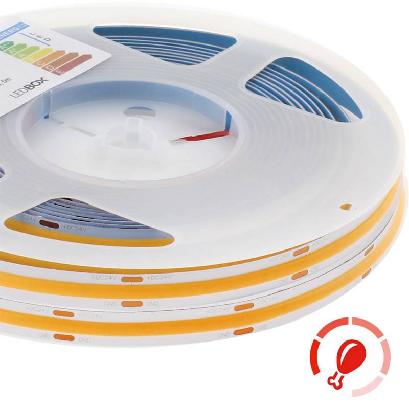 Tira LED con el nuevo Chip COB que ofrece iluminación lineal continua sin puntos. Incorpora cinta adhesiva 3M-térmica de máxima calidad para colocar la tira en cualquier superficie. Especialmente indicada para realzar los alimentos frescos: carnes, frutas.