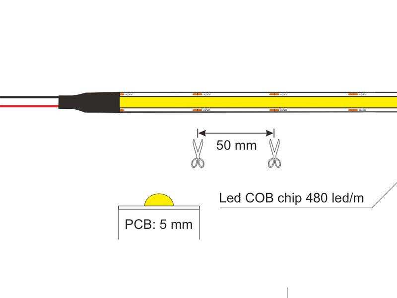 Tira LED con el nuevo Chip COB y con un PCB (ancho) de solo 5mm que ofrece iluminación lineal continua sin puntos. Incorpora cinta adhesiva 3M-térmica de máxima calidad para colocar la tira en cualquier superficie. Tira de 5 metros con 480 led por metro de alto brillo y un elevado CRI 90 que proporciona una luz espectacular.