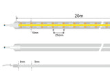 Tira LED de 20 metros de longitud con alimentación DC24V con el nuevo Chip de alta potencia lumínica COB de Samsung. Para instalaciones profesionales donde se requiera largas tiradas sin caídas de tensión y altas prestaciones. Puedes cortar la tira cada 25mm para ajustar a cualquier longitud.