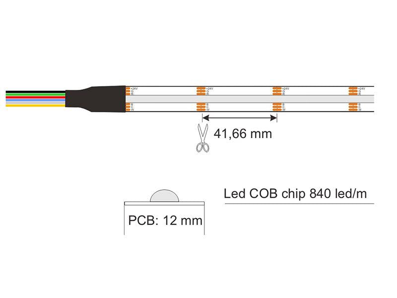 Tira LED con el nuevo Chip COB RGB+CCT (RGB + blanco dual) que ofrece iluminación lineal continua sin puntos. Incorpora cinta adhesiva 3M-térmica de máxima calidad para colocar la tira en cualquier superficie. Tira de 5 metros con 840 led por metro de alto brillo y un elevado CRI 90 que proporciona una luz espectacular.