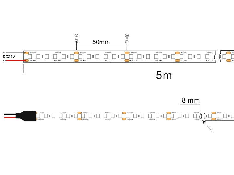 Tira LED de alta potencia lumínica SMD2835. Incorpora cinta adhesiva 3M-300LSE de máxima calidad para colocar la tira en cualquier superficie. Tira de 5 metros.