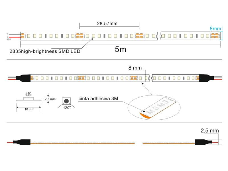 Tira LED con el nuevo Chip Samsung de alta potencia lumínica SMD2835. Incorpora cinta adhesiva 3M-300LSE de máxima calidad para colocar la tira en cualquier superficie. Tira de 5 metros con 1050 led de alto brillo y un elevado CRI 95 que proporciona una luz espectacular.