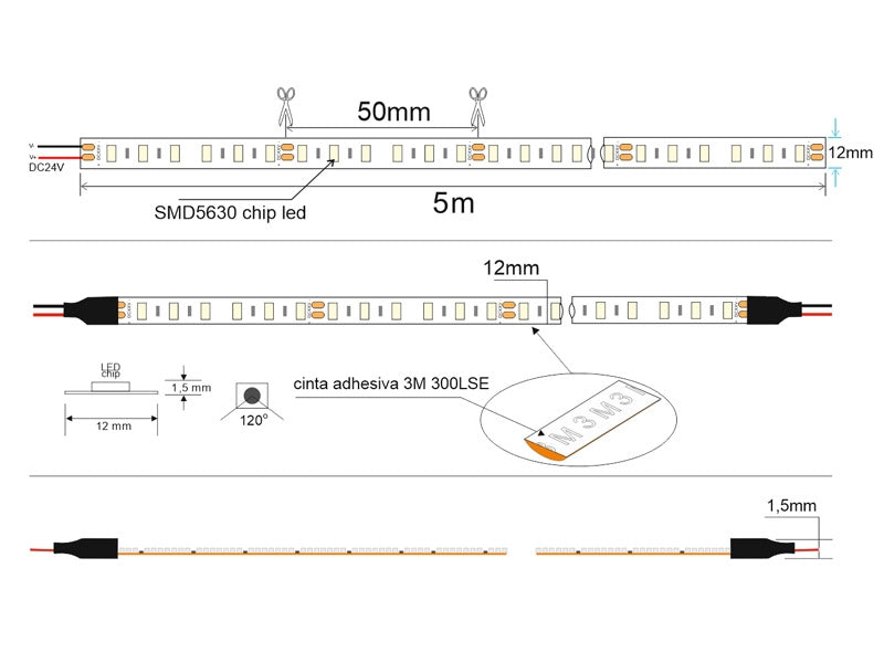 Tira LED con el nuevo Chip Samsung con 120led/metro de alta potencia lumínica SMD5630 y doble PCB de 12mm para una mejor disipación del calor. Incorpora cinta adhesiva 3M 300LSE para colocar la tira en cualquier superficie. Tira de 5 metros.