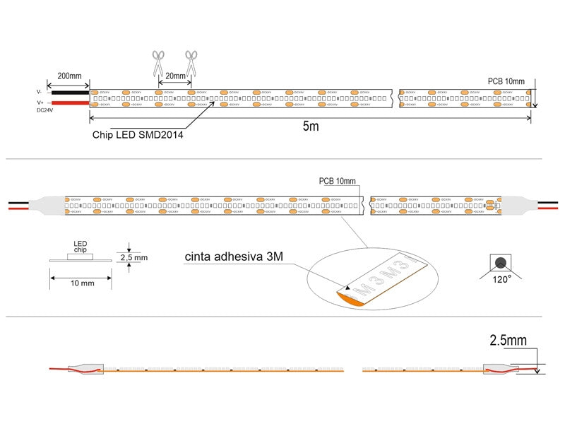 Tira LED con el nuevo Chip Samsung de alta potencia lumínica SMD2014. Incorpora cinta adhesiva térmica para mejor disipación del calor 3M-300LSE de máxima calidad para colocar la tira en cualquier superficie. Tira de 5 metros con 1500 led de alto brillo que proporciona una luz espectacular.