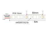 Tira LED con el nuevo Chip Samsung de alta potencia lumínica SMD2835. Incorpora cinta adhesiva 3M 300LSE  para colocar la tira en cualquier superficie. Tira de 5 metros con dos filas de led. Con sus 240led por metros ofrece una luminosidad de alto brillo para los proyectos más exigentes.