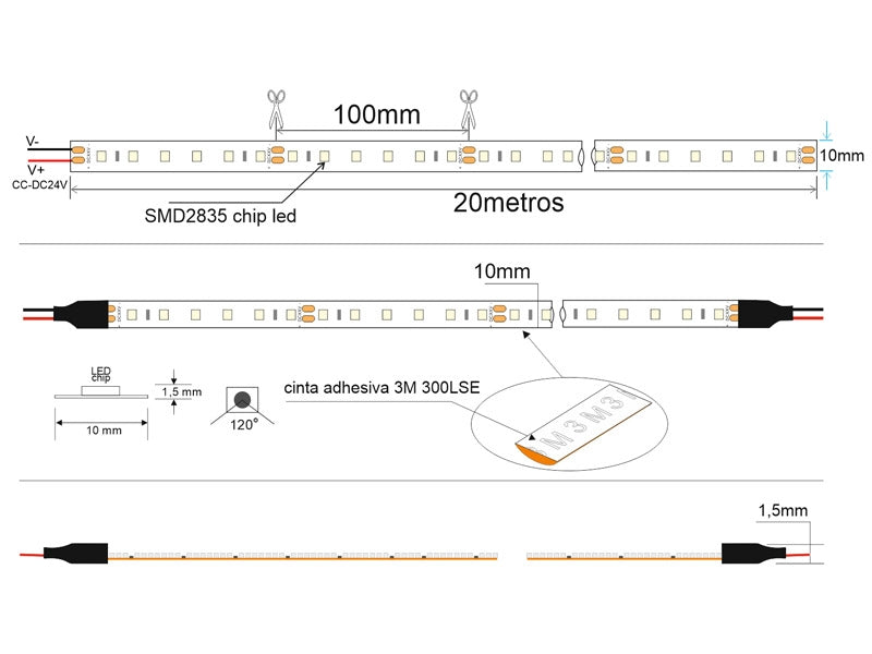 Tira LED de 20 metros de longitud con alimentación DC24V con el nuevo Chip Epistar de alta potencia lumínica SMD2835. Incorpora cinta adhesiva 3M 300LSE de alta adherencia para colocar la tira en cualquier superficie. Para instalaciones profesionales donde se requiera largas tiradas sin caídas de tensión y altas prestaciones.