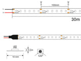 Tira LED de 30 metros de longitud con alimentación DC24V con el nuevo Chip Epistar de alta potencia lumínica SMD2835. Incorpora cinta adhesiva 3M 300LSE de alta adherencia para colocar la tira en cualquier superficie. Para instalaciones profesionales donde se requiera largas tiradas sin caídas de tensión y altas prestaciones.