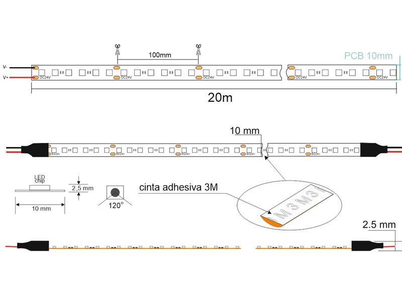 Tira LED de 20 metros de longitud con alimentación DC24V con el nuevo Chip Epistar de alta potencia lumínica SMD5050. Incorpora cinta adhesiva 3M 300LSE de alta adherencia para colocar la tira en cualquier superficie. Para instalaciones profesionales donde se requiera largas tiradas sin caídas de tensión y altas prestaciones.