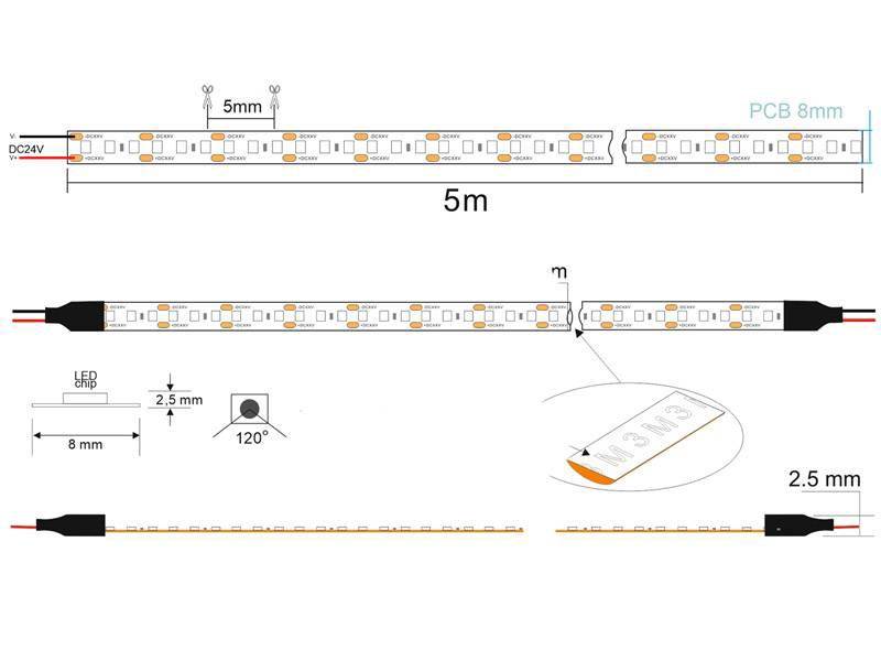 Tira LED con el nuevo Chip SAMSUNG de alta potencia lumínica SMD2835. Incorpora cinta adhesiva 3M-300LSE de máxima calidad para colocar la tira en cualquier superficie. Tira de 5 metros.