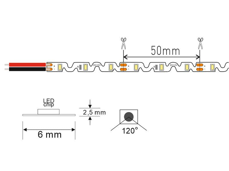 Rollo de tira LED monocolor de 5 metros (72 Leds/metro) especialmente indicado para la adaptarse a cualquier contorno, permite hacer curvas y angulos de 90 grados gracias a su PCB de solo 6mm de ancho en forma de Zig-Zag. Chip SMD2835 de bajo consumo. Material flexible adaptable a cualquier superficie. En el dorso cuenta con un potente adhesivo 3M para colocar la tira en cualquier superficie.