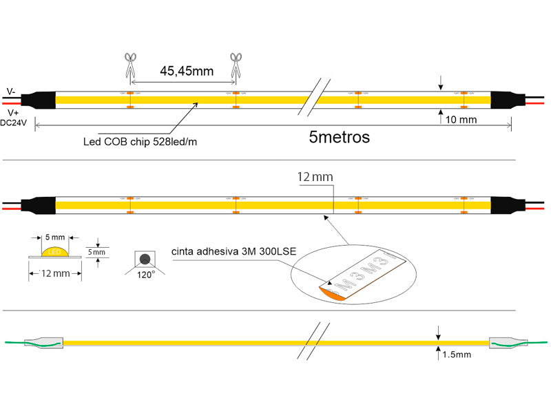 Tira LED con el nuevo Chip Samsung COB que ofrece iluminación lineal continua sin puntos. Incorpora cinta adhesiva 3M-térmica de máxima calidad para colocar la tira en cualquier superficie. Tira de 5 metros con 528 led por metro de alto brillo y un elevado CRI 90 que proporciona una luz espectacular.