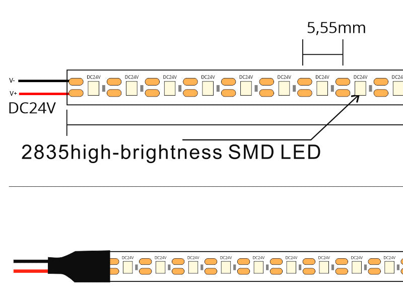 Tira LED con el nuevo Chip Samsung de alta potencia lumínica SMD2835. Incorpora cinta adhesiva 3M-300LSE de máxima calidad para colocar la tira en cualquier superficie. Tira de 5 metros con 900 led de alto brillo y un elevado CRI 95 que proporciona una luz espectacular. Puedes cortar la tira cada 5,55mm, total flexibidad para cualquier trabajo.