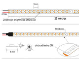 Tira LED de 20 metros de longitud con alimentación DC24V con el nuevo Chip de alta potencia lumínica SMD2835 de Samsung. Incorpora cinta adhesiva 3M de alta adherencia para colocar la tira en cualquier superficie. Para instalaciones profesionales donde se requiera largas tiradas sin caídas de tensión y altas prestaciones. Puedes cortar la tira cada 10mm (1 led) para ajustar a cualquier longitud.