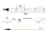 Rollo de tira LED RGB con Chip de alta potencia lumínica SMD5050. Especialmente indicado para la adaptarse a cualquier contorno, permite hacer curvas y angulos de 90 grados gracias a su PCB en forma de Zig-Zag. Material flexible adaptable a cualquier superficie. En el dorso cuenta con un potente adhesivo 3M para colocar la tira en cualquier superficie.