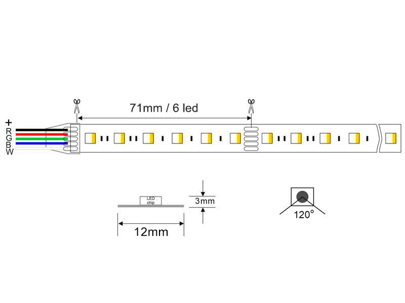 Tira LED RGB+W equipada con el nuevo chip SAMSUNG de alta densidad con 84 leds (4 en 1) por metro y protección IP67 con funda de silicona, incluye en cada chip RGB+blanco ofreciendo una luminosidad más uniforme y potente. Ofrece la emisión de cualquier color y una altísima luminosidad gracias a su chip de color blanco. Las tiras LED RGB+W son ideales para crear efectos ambientales decorativos.