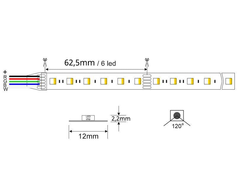 Tira LED RGB+W equipada con el nuevo chip OSRAM de alta densidad con 96 leds (4 en 1) por metro, incluye en cada chip RGB+blanco ofreciendo una luminosidad más uniforme y potente. Ofrece la emisión de cualquier color y una altísima luminosidad gracias a su chip de color blanco. Las tiras LED RGB+W son autoadhesivas y son ideales para crear efectos ambientales decorativos.