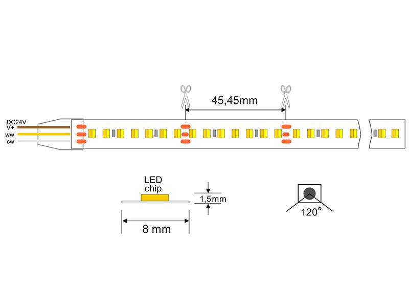 Tira LED flexibles de alto rendimiento con posibilidad de ajustar el tono de luz blanca en toda su gama de tonalidad. Incorpora 154led por metro para una mejor difusión de la luz y un CRI>90 para una reproducción cromática perfecta.