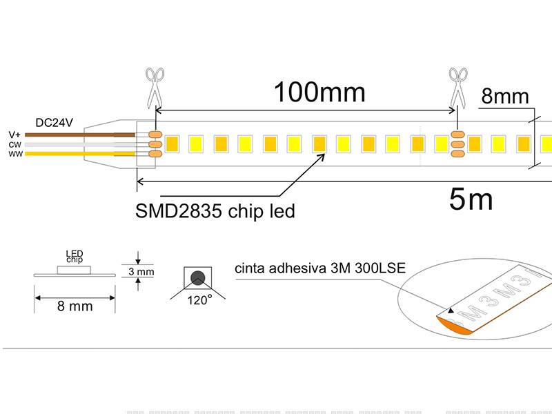 Tira LED flexibles de alto rendimiento con posibilidad de ajustar el tono de luz blanca en toda su gama de tonalidad. Incorpora 120led por metro para una mejor difusión de la luz y un CRI>90 para una reproducción cromática perfecta.