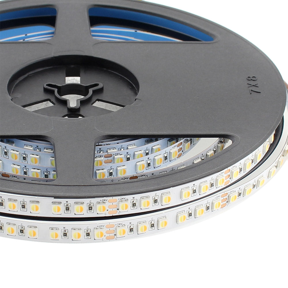 Tira LED flexibles de alto rendimiento con posibilidad de ajustar el tono de luz blanca en toda su gama de tonalidad. Incorpora 240 led por metro para una mejor difusión de la luz.