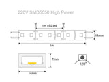 La nueva tira HIGH POWER utiliza chip de alto brillo SMD5050 que ofrece hasta 20 lumen por led. Se conecta directamente a la red eléctrica de 220V mediante un alimentador, está fabricada con componentes de alta calidad, permite una alta disipación del calor y son impermeables gracias a la cubierta transparente de PVC. Por su flexibilidad y alta luminosidad es ideal para crear una iluminación de calidad en todo tipo de ambientes, tanto en interiores como en exteriores.