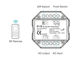 Un nuevo concepto de regulador TRIAC AC (max 240W) de mínimo tamaño y compatible con mandos a distancia RF (ver accesorios) para el control de luminarias LED regulables, lámparas incandescentes y halógenos.