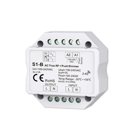 Un nuevo concepto de regulador TRIAC AC (max 240W) de mínimo tamaño y compatible con mandos a distancia RF (ver accesorios) para el control de luminarias LED regulables, lámparas incandescentes y halógenos.