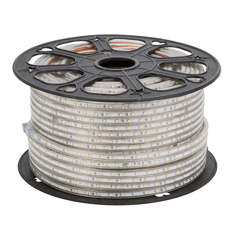 Carrete de 50 metros de tira LED flexible SMD2835 de 120 led/metro de alta tensión que se conecta directamente a la red eléctrica de 220V mediante un alimentador. Nueva tira que no necesita conectores intermedios, su sistema inovador de conectores rápidos hacen más sencilla su instalación. Por su flexibilidad y alta luminosidad es ideal para crear una iluminación de calidad en todo tipo de ambientes, tanto en interiores como en exteriores (IP65). 