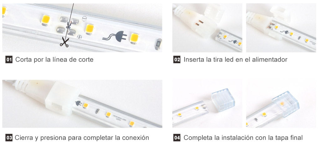 Tira led con PCB color con 120 led/metro de alta tensión que se conecta directamente a la red eléctrica de 220V mediante un alimentador. Nueva tira que no necesita conectores intermedios, su sistema inovador de conectores rápidos hacen más sencilla su instalación. Por su flexibilidad y alta luminosidad es ideal para crear una iluminación de calidad en todo tipo de ambientes, tanto en interiores como en exteriores (IP67). 