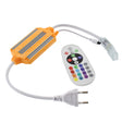 Controlador IR para tira led a 220V RGB con protección contra el agua IP67. Se conecta fácilmente y con su mando a distancia es posible tener un total control sobre la tira. Incluye mando a distancia.