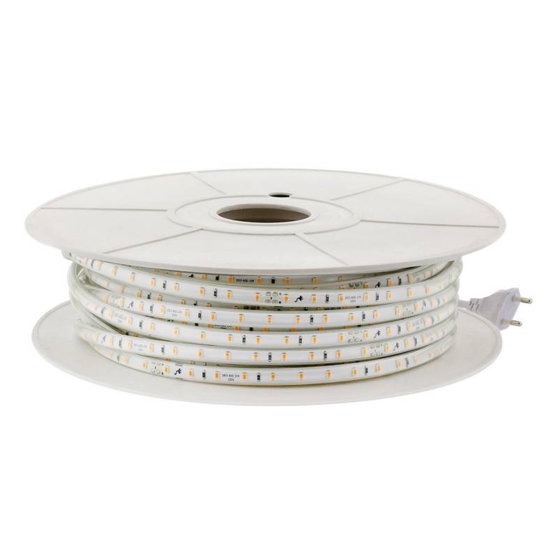 Carrete de 50 metros de tira LED flexible SMD2835 de 60 led/metro de alta tensión que se conecta directamente a la red eléctrica de 220V mediante un alimentador. Nueva tira que no necesita conectores intermedios, su sistema innovador de conectores rápidos hacen mas sencilla su instalación. Por su flexibilidad y alta luminosidad es ideal para crear una iluminación de calidad en todo tipo de ambientes, tanto en interiores como en exteriores (IP67). 