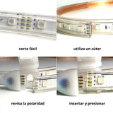 Incluye controlador + mando a distancia. Tira de LED flexible de 220V  fabricada con componentes de alta calidad, permite una alta disipación del calor y son impermeables gracias a la cubierta transparente de PVC. Por su flexibilidad y alta luminosidad es ideal para crear una iluminación de calidad en todo tipo de ambientes, tanto en interiores como en exteriores. Longitud de corte 1m.