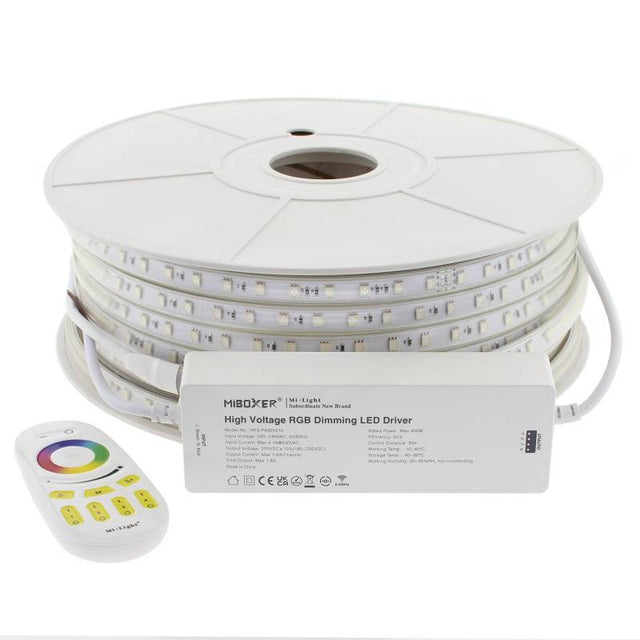 Incluye controlador profesional MIBOXER + mando a distancia listo para funcionar. Tira de LED flexible de 220V  fabricada con componentes de alta calidad, permite una alta disipación del calor y son impermeables gracias a la cubierta transparente de PVC. Por su flexibilidad y alta luminosidad es ideal para crear una iluminación de calidad en todo tipo de ambientes, tanto en interiores como en exteriores. Longitud de corte 1m.