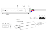 Incluye controlador profesional MIBOXER + mando a distancia listo para funcionar. Tira de LED flexible de 220V  fabricada con componentes de alta calidad, permite una alta disipación del calor y son impermeables gracias a la cubierta transparente de PVC. Por su flexibilidad y alta luminosidad es ideal para crear una iluminación de calidad en todo tipo de ambientes, tanto en interiores como en exteriores. Longitud de corte 1m.