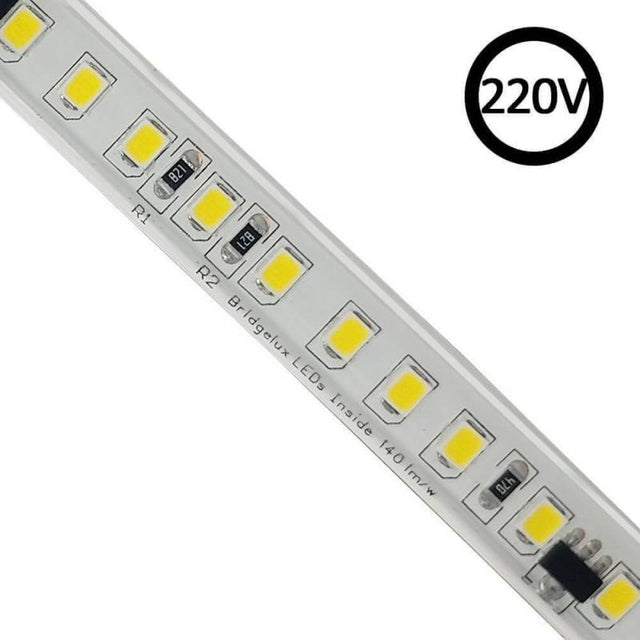 1 metro de tira LED flexible BRIDGELUX SMD2835-DC220V con regulación TRIAC de la más alta calidad para proyectos profesionales. Por su flexibilidad y alta luminosidad es ideal para crear una iluminación de calidad en todo tipo de ambientes, tanto en interiores como en exteriores.