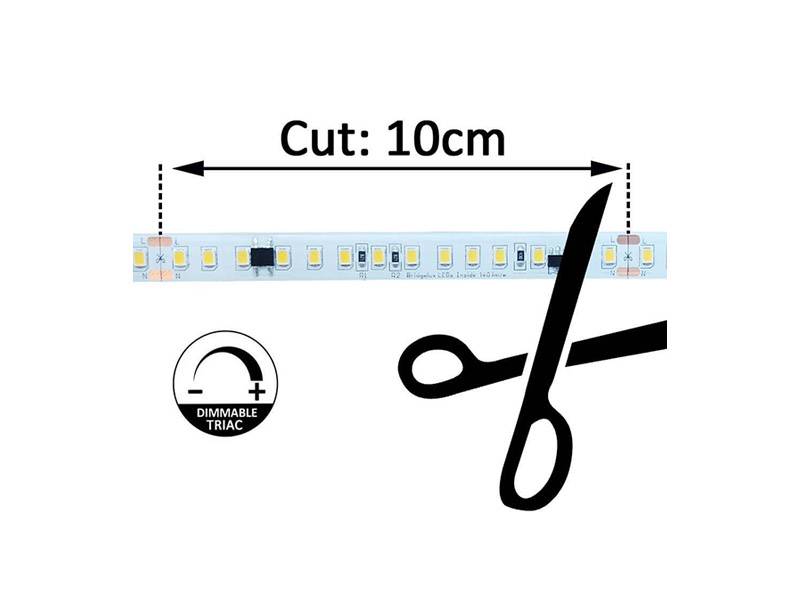 Carrete de 20 metros de tira LED flexible BRIDGELUX SMD2835-DC220V con regulación TRIAC de la más alta calidad para proyectos profesionales. Por su flexibilidad y alta luminosidad es ideal para crear una iluminación de calidad en todo tipo de ambientes, tanto en interiores como en exteriores.