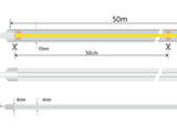 Carrete de 50 metros de tira LED flexible COB de 288 led/metro de alta tensión que se conecta directamente a la red eléctrica de 220V mediante un alimentador. Sus mínimas dimensiones de 4*10mm, con protección impermeable al agua IP68 y nueva cubierta de silicona que emiten una iluminación lineal sin puntos. Por su flexibilidad y alta luminosidad es ideal para crear una iluminación de calidad en todo tipo de ambientes, tanto en interiores como en exteriores. Incluye cinta adhesiva para una fácil instalación.