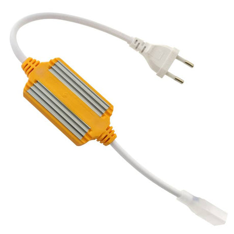 Cable rectificador que permite conectar de manera directa la tira LED monocolor COB de alta tensión a la red eléctrica de 220V directamente, sin necesidad de transformadores ni ningún otro dispositivo adicional. Cada alimentador soporta un máximo de 50 metros de tira LED a 220V con chip COB de conectores rápidos.