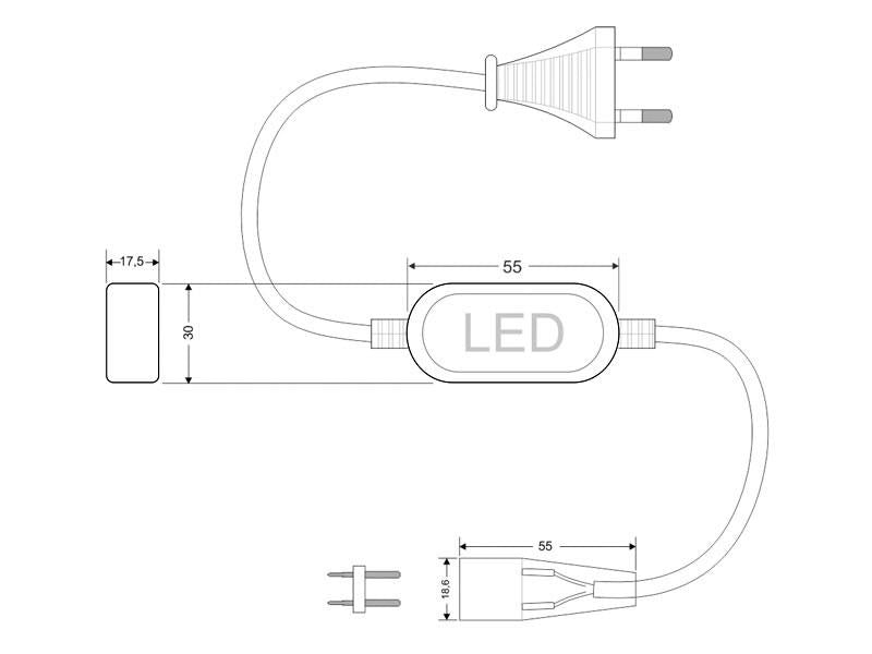 Permite conectar de manera directa la tira LED monocolor de alta tensión a la red eléctrica de 220V directamente, sin necesidad de transformadores ni ningún otro dispositivo adicional. Cada alimentador soporta un máximo de 50 metros de tira LED a 220V - con chip SMD3528 o SMD2835.