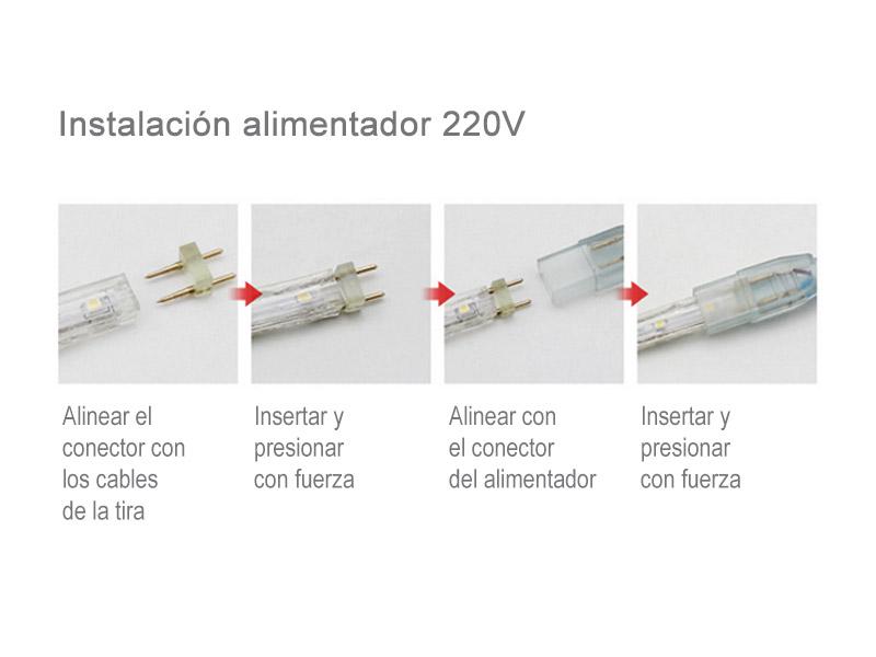 Permite conectar de manera directa la tira LED monocolor de alta tensión a la red eléctrica de 220V directamente, sin necesidad de transformadores ni ningún otro dispositivo adicional. Cada alimentador soporta un máximo de 50 metros de tira LED a 220V - con chip SMD3528 o SMD2835.