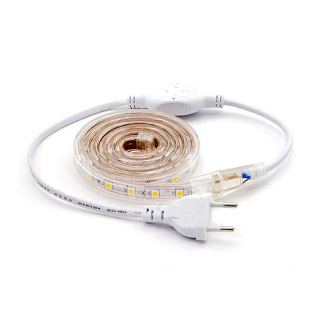 KIT Tira de LED flexible 220V está fabricada con componentes de alta calidad, con chip led EPISTAR de alta luminosidad de 20lm/led, permite una alta disipación del calor y son impermeables gracias a la cubierta transparente de PVC. Cada tira LED se suministra con su cable rectificador y su tapón final, por lo que recibirás el producto listo para su instalación.