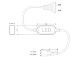 Cable rectificador que permite conectar de manera directa la tira LED monocolor de alta tensión a la red eléctrica de 220V directamente, sin necesidad de transformadores ni ningún otro dispositivo adicional. Cada alimentador soporta un máximo de 50 metros de tira LED a 220V.